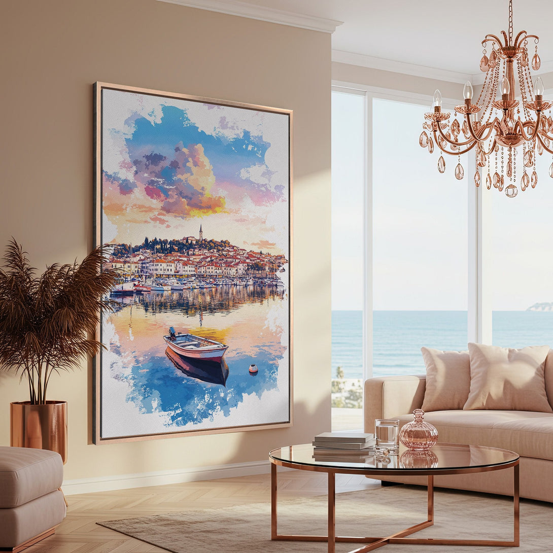 Framed Wall Art of a coastal town in watercolor style. Featuring a boat and harbor scene with a blue, orange, and beige color palette. Perfect for home decor.