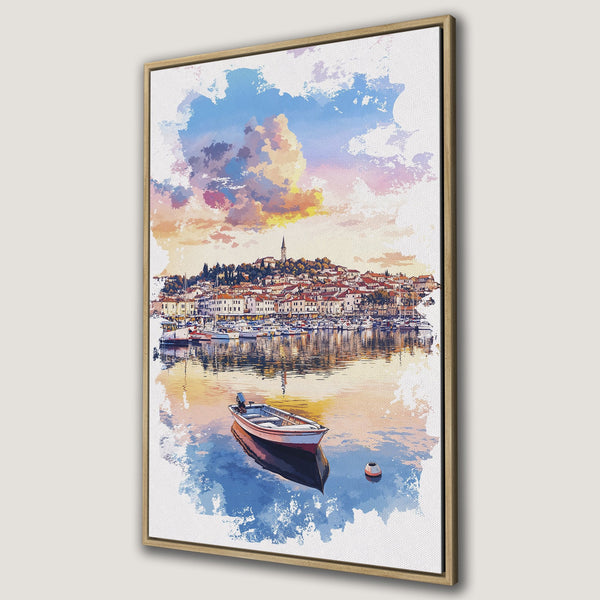 Framed Wall Art: Watercolor painting of a coastal town at sunset. Features a boat on water, warm color palette with blues, oranges, and pinks. Perfect wall decor.