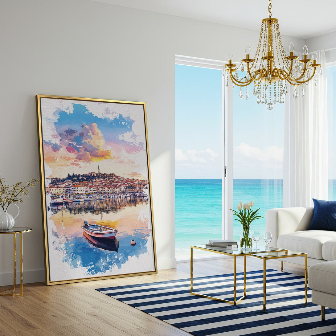 Canvas Print of a coastal watercolor scene, featuring a boat and town, with a warm, sunset color palette. Perfect for living room decor.