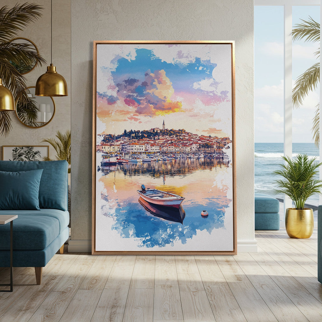 Framed Wall Art featuring a coastal town scene in watercolor style. Beautiful blue, pink, and golden hues create a serene atmosphere. Perfect for living rooms!