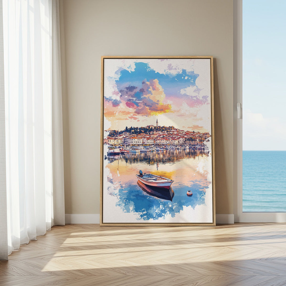Canvas Print of a coastal town watercolor painting in a warm color palette, perfect for adding a touch of art to your home decor.