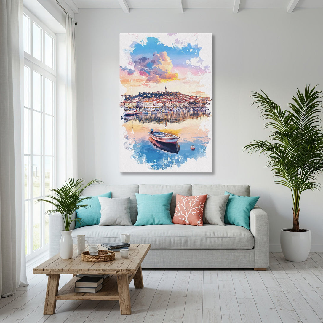 Framed Wall Art: Coastal scene Canvas Print in watercolor style. Features a boat, town, and vibrant blue, pink, and gold color palette. Perfect for home decor.