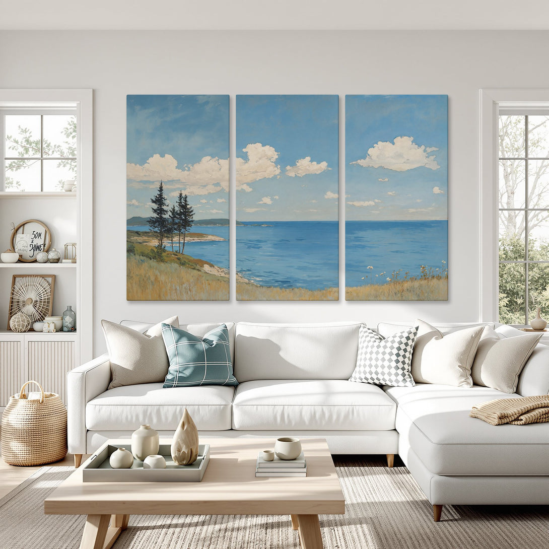 Canvas Print of a serene coastal landscape in a calming blue and beige palette, perfect for adding a touch of tranquility to your home.