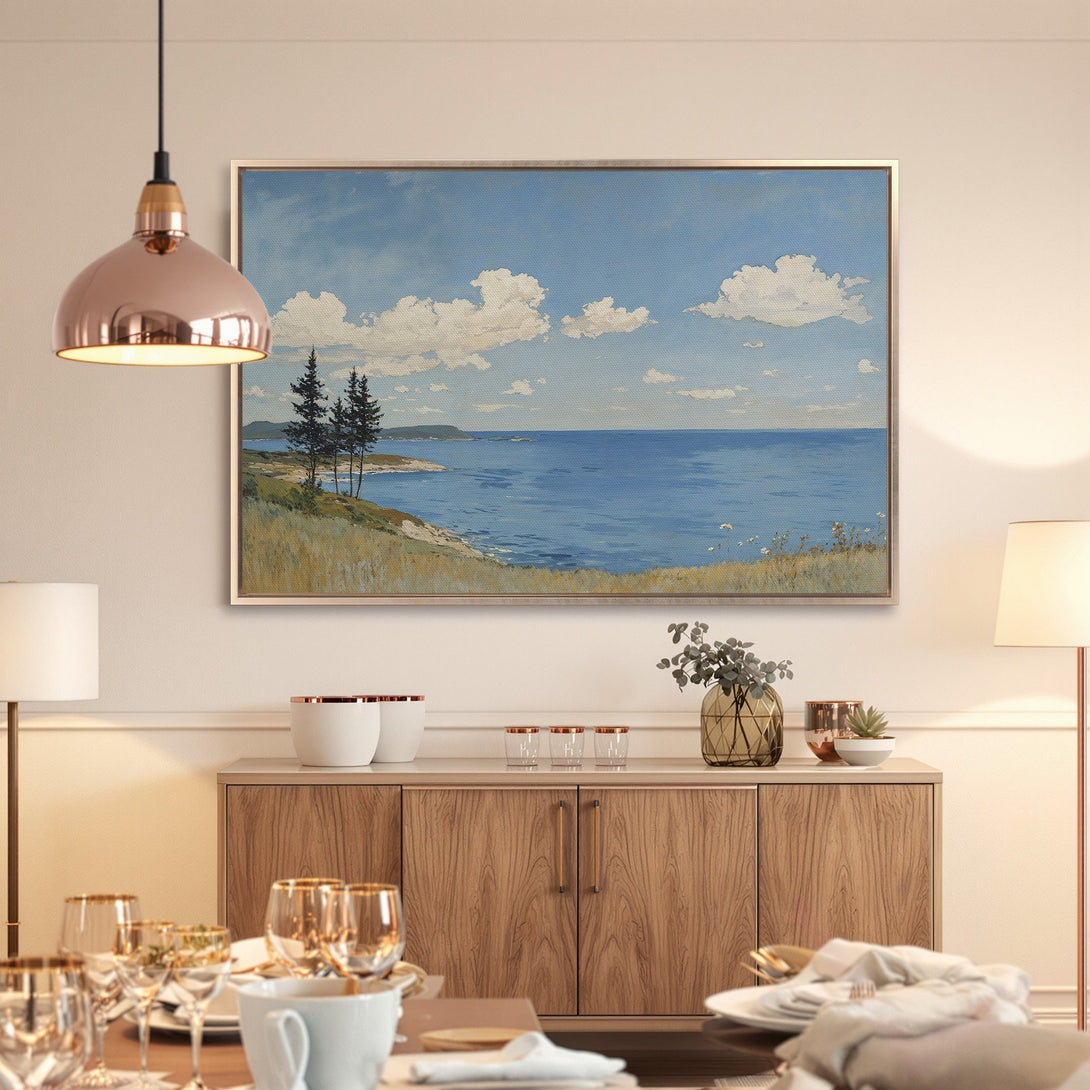 Framed Wall Art: Coastal landscape Canvas Print, serene blue and green tones. Perfect for adding a touch of nature and elegance to your space.
