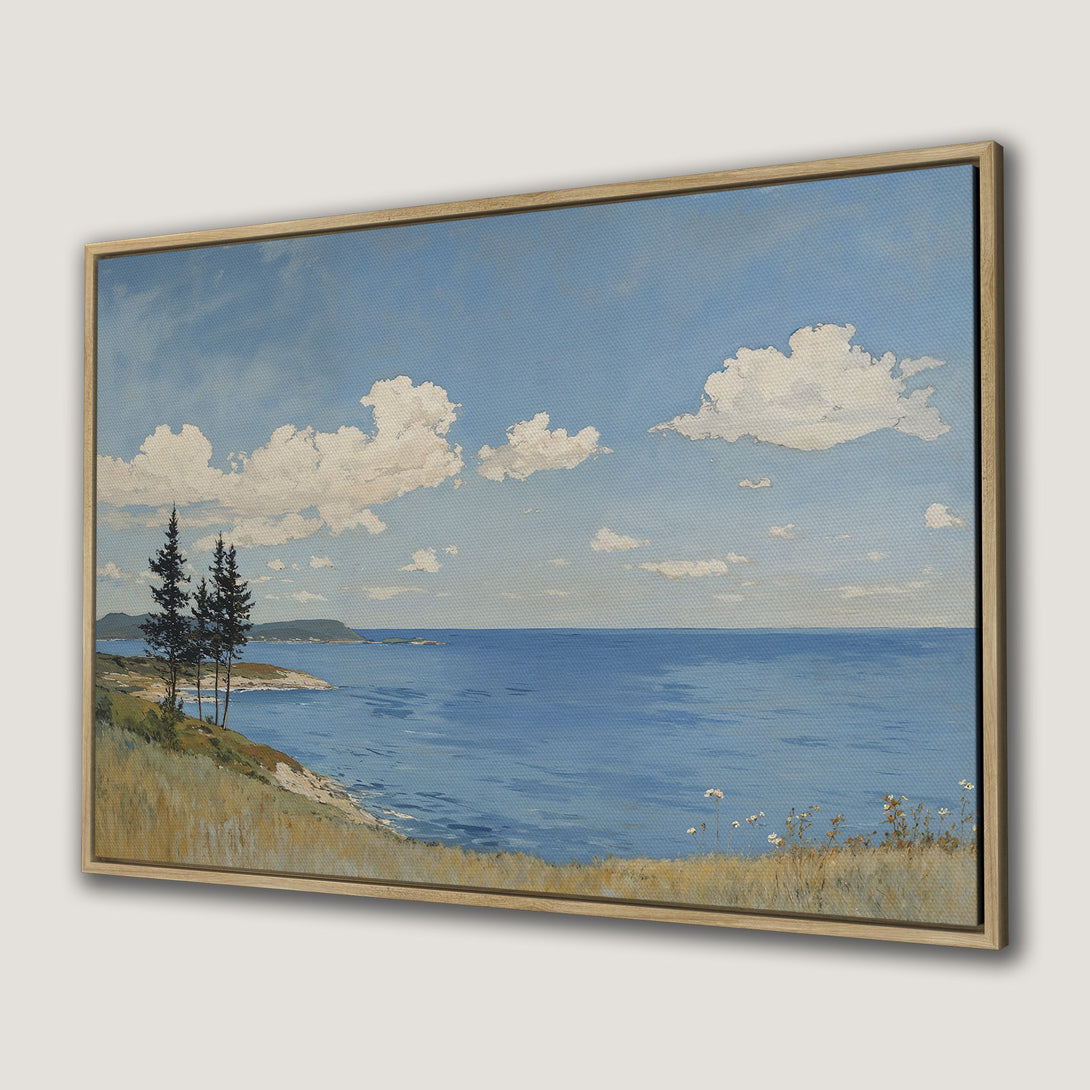 Framed Wall Art: Coastal landscape Canvas Print in serene blue and beige tones. Enhance your space with this calming artwork. Shop now!