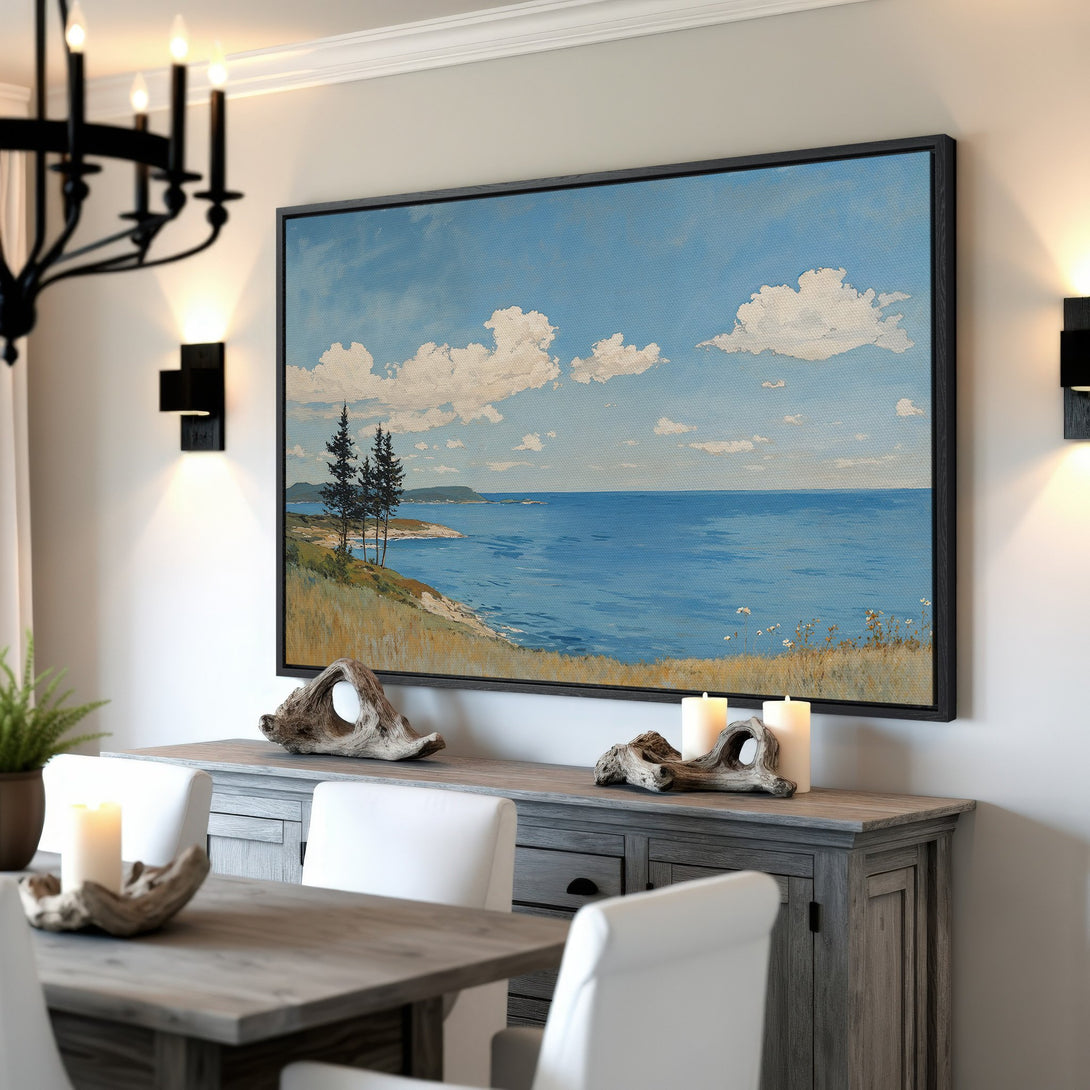 Framed Wall Art: Coastal landscape Canvas Print in blue, white, and green. Perfect for adding a touch of serenity to your home decor.
