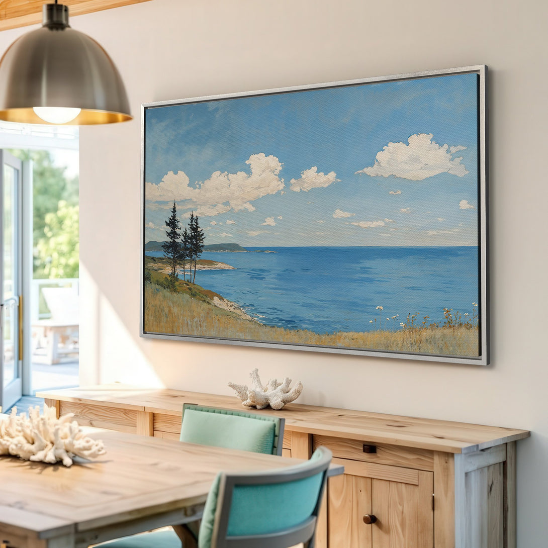 Framed Wall Art: Coastal landscape Canvas Print with blue, white, and green hues. Perfect for adding a touch of serenity to your home decor.