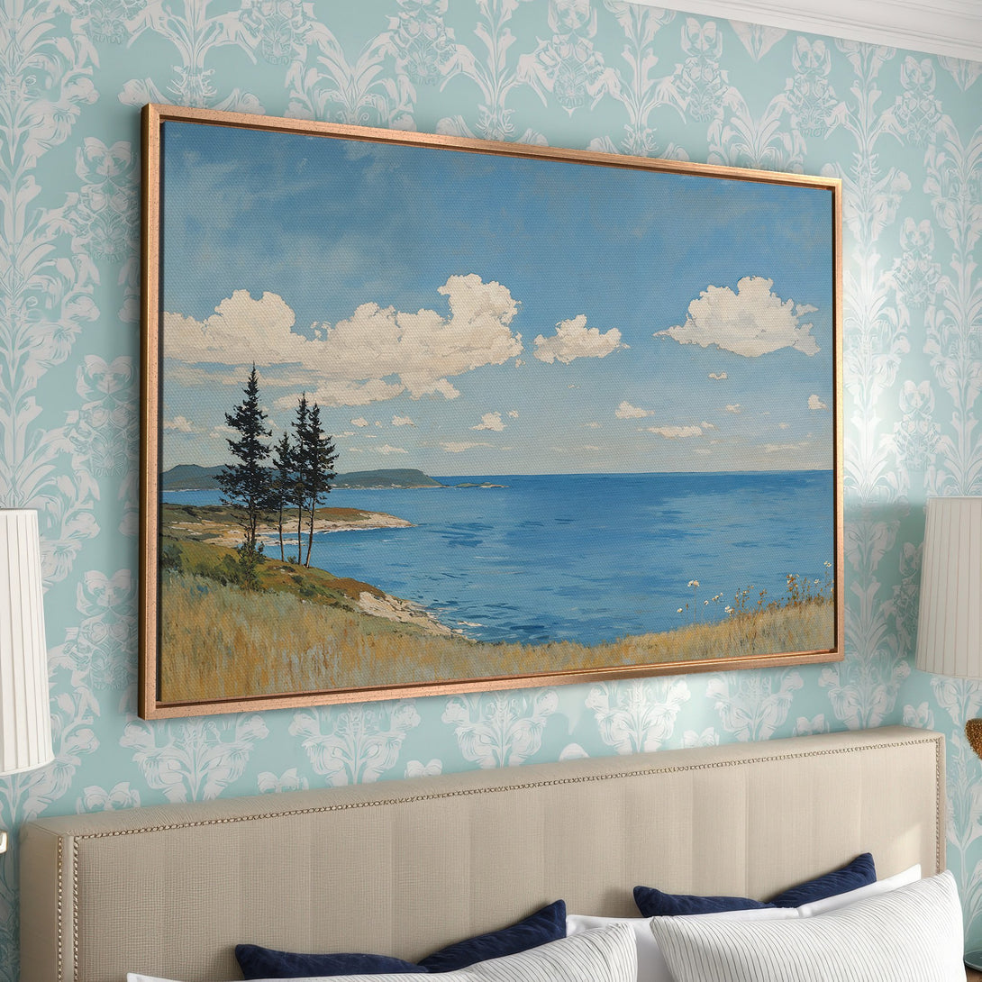 Framed Wall Art featuring a coastal landscape painting. Serene blue and green color palette. Classic style canvas print for your home decor.