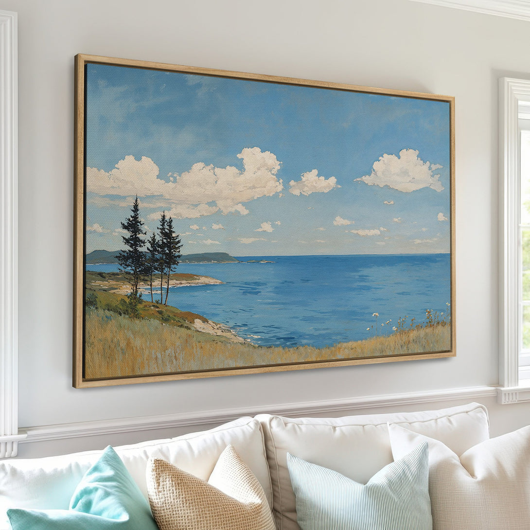 Framed Wall Art Canvas Print of a serene coastal landscape with blue and beige tones. Perfect for adding a touch of nature to your home decor.