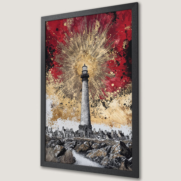 Framed Poster featuring a lighthouse with a red and gold abstract background. Coastal art print in black, red, and gold color palette.