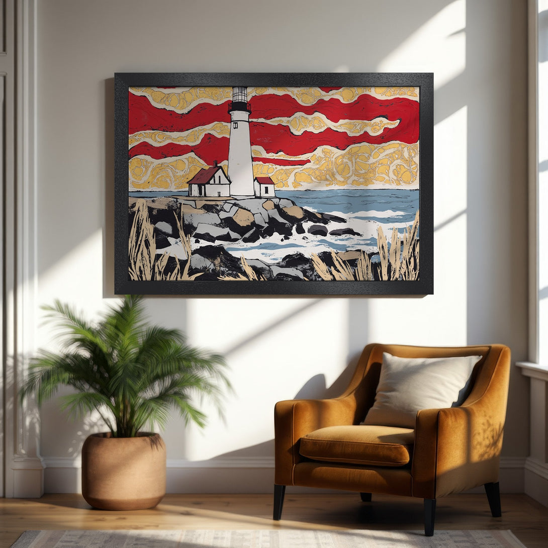 Framed Poster featuring a lighthouse art print in a bold, graphic style with red, gold, and blue color palette. Perfect wall decor!
