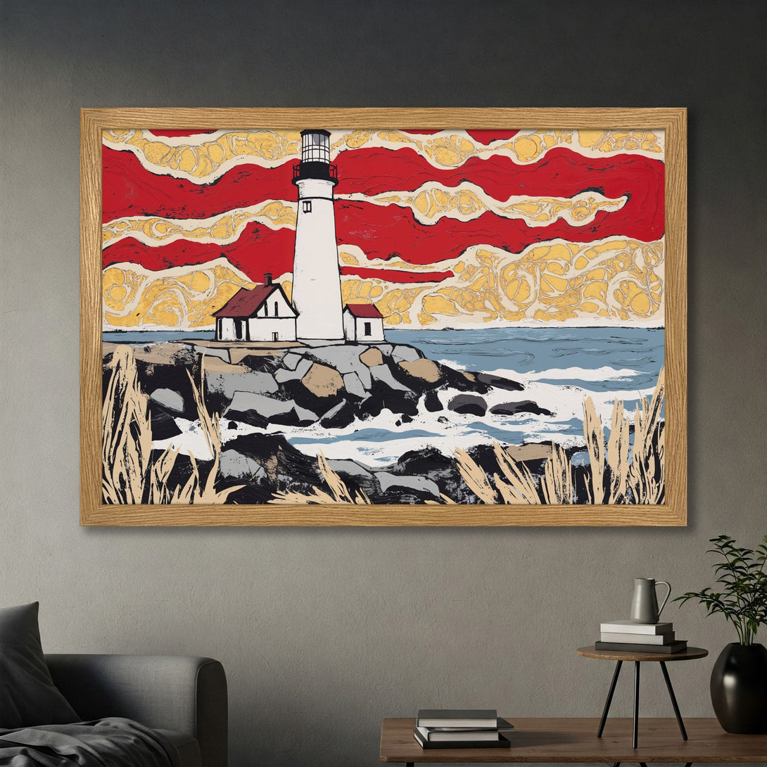 Framed Poster of a lighthouse art print. Bold, colorful landscape art in red, yellow, and blue. Perfect wall decor for any room.