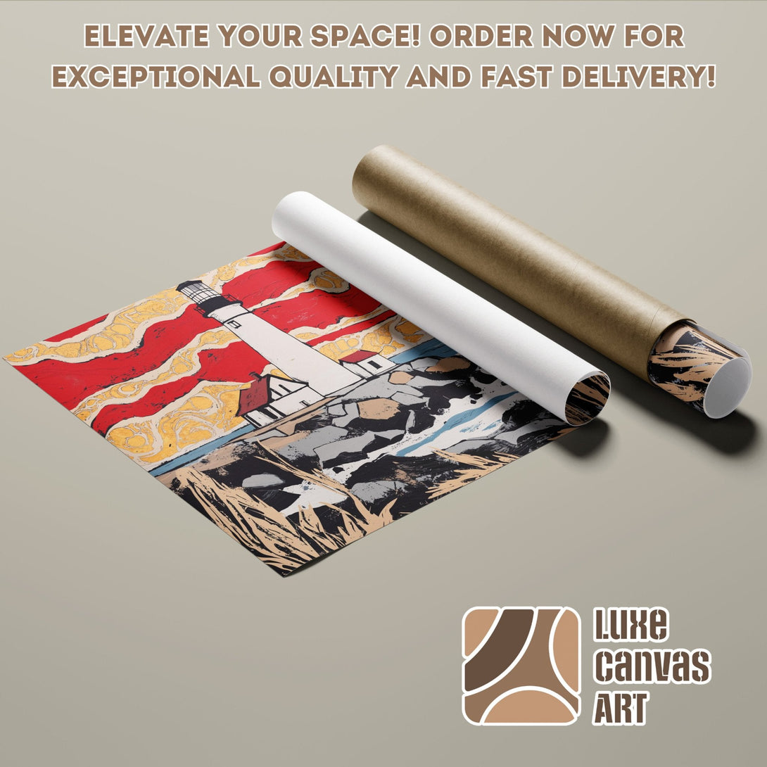 Lighthouse Poster Roll art print, vibrant red, yellow, and black palette. Elevate your space with Luxe Canvas Art.