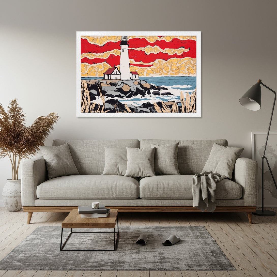 Framed Poster featuring a lighthouse art print in a bold, graphic style with a red, yellow, and blue color palette. Perfect wall decor!