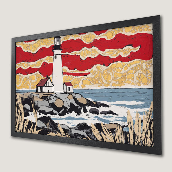 Framed Poster featuring a lighthouse on a rocky coast. Bold, artistic style with red, yellow, and blue color palette. Perfect wall art!