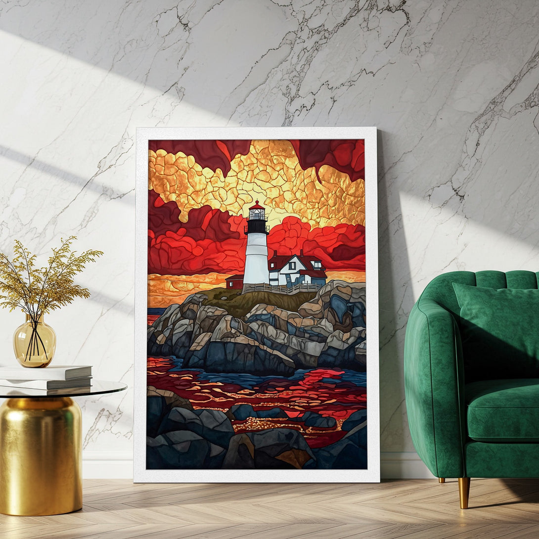 Framed Poster featuring a lighthouse art print in vibrant red, orange, and blue hues. Perfect coastal decor!
