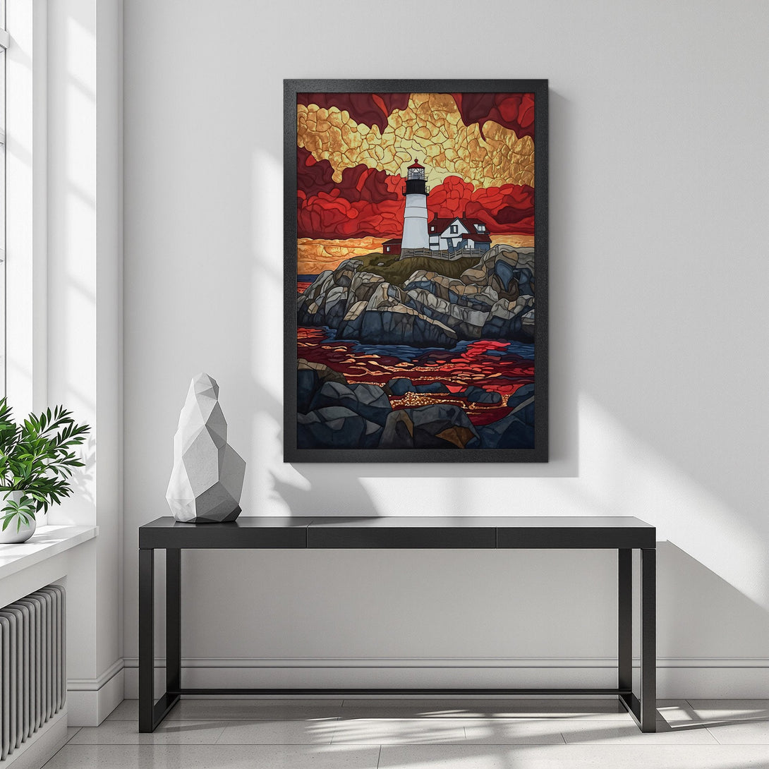 Framed Poster featuring a lighthouse landscape art print. Vivid red, gold, and blue color palette, perfect for coastal decor.
