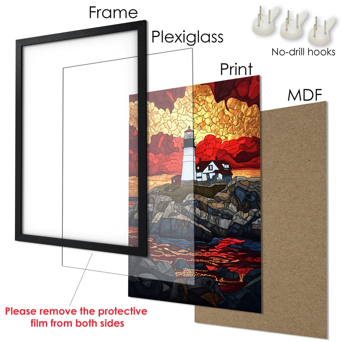 Framed Poster of a lighthouse in a stained-glass style, featuring a warm red and gold color palette. Perfect wall art!