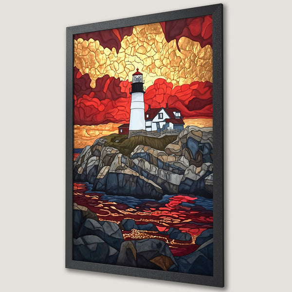 Framed Poster of a lighthouse on a rocky coast, stained glass style. Features a vibrant red, gold, and blue color palette. Perfect wall art!