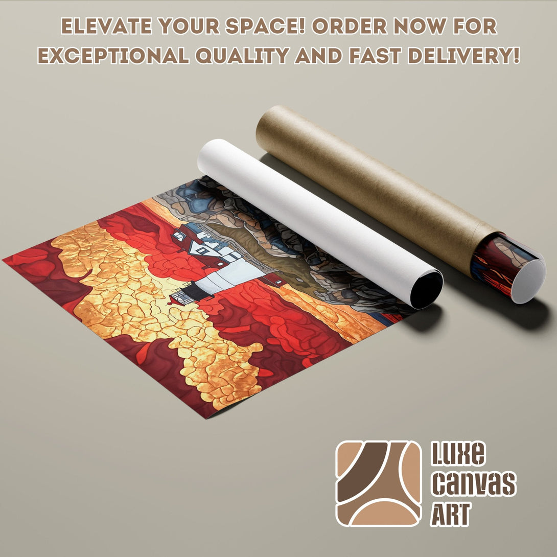 Poster Roll featuring a lighthouse art print in warm red and gold tones. Elevate your space!
