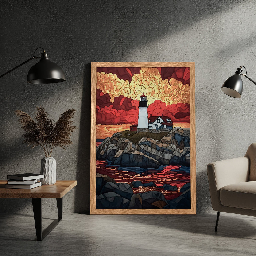 Framed Poster of a lighthouse on rocky coast, stained glass style, warm red & orange sunset. Add coastal charm to your space!