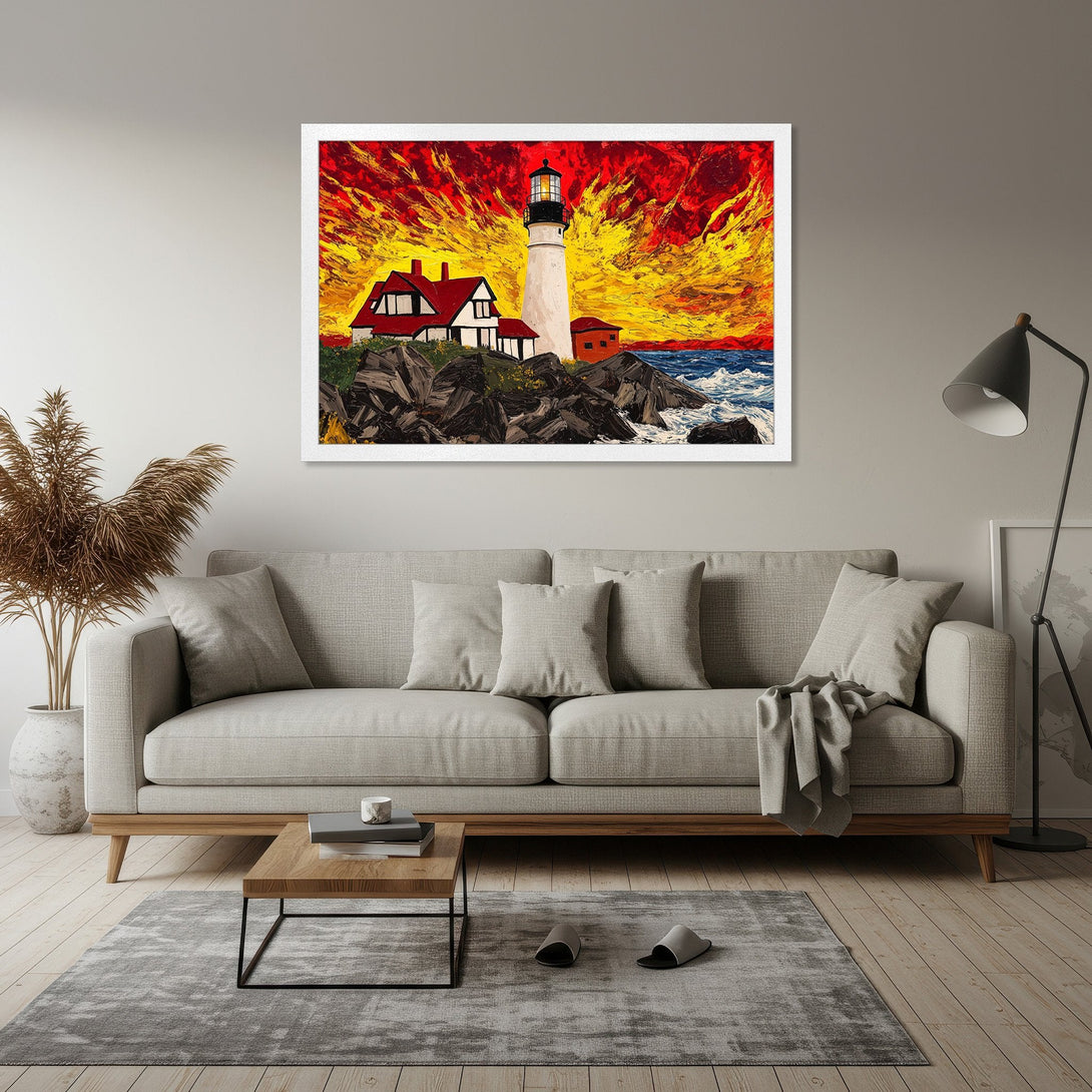 Framed Poster featuring a lighthouse painting with vibrant red and yellow sky. Artistic style, bold color palette for wall decor.