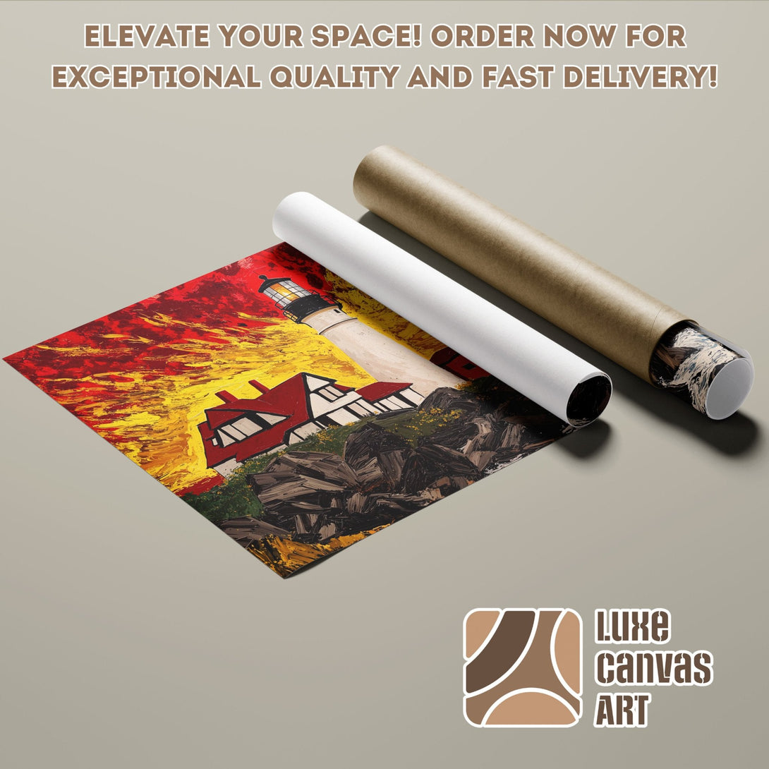 Lighthouse art Poster Roll, vibrant red & yellow palette, modern style. Elevate your space with Luxe Canvas Art.
