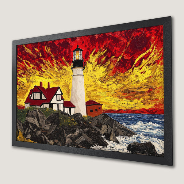 Framed Poster of a lighthouse painting. Bold, impressionistic style with a fiery red, yellow, and blue color palette. Perfect wall art!
