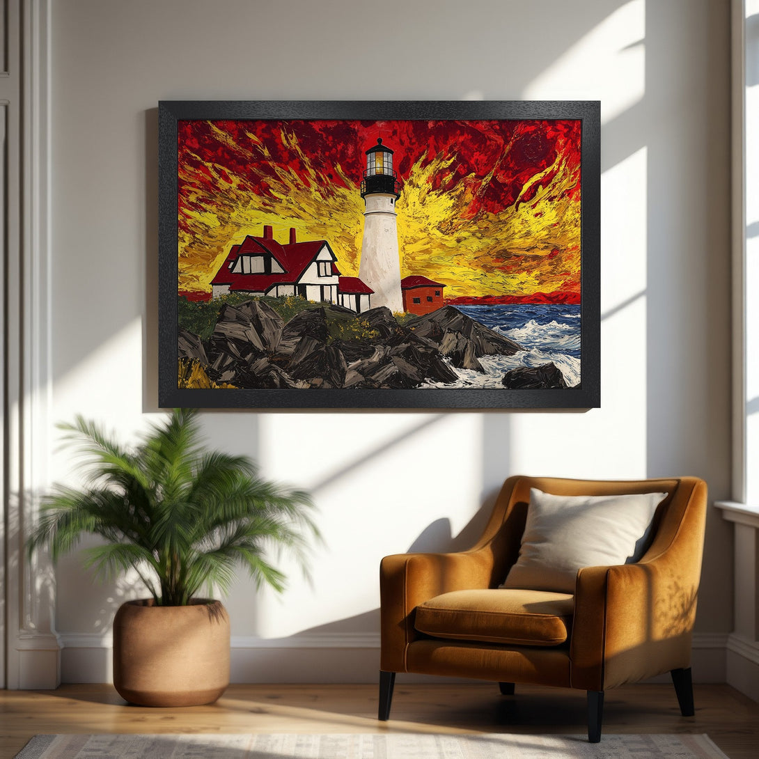 Framed Poster of a lighthouse painting in a bold, impressionistic style with a fiery red and yellow color palette.