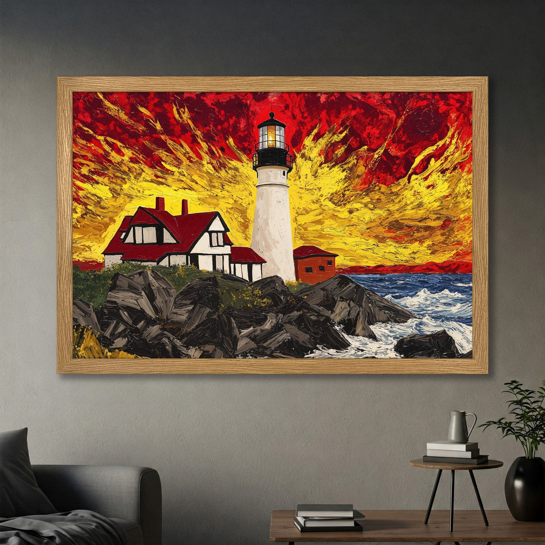 Framed Poster featuring a lighthouse painting in vibrant red, yellow, and blue hues. Add artistic flair to your space with this stunning wall art.
