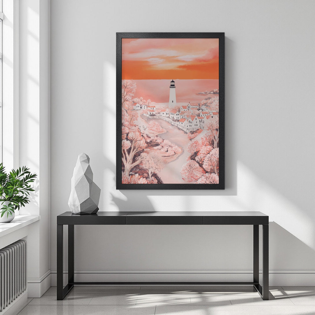 Framed Poster featuring a coastal landscape in a soft, romantic style with a warm, peach color palette. Perfect wall art!