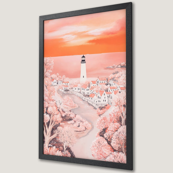 Framed Poster featuring a lighthouse and coastal village in a soft, painterly style with a warm, peachy color palette. Perfect wall art!
