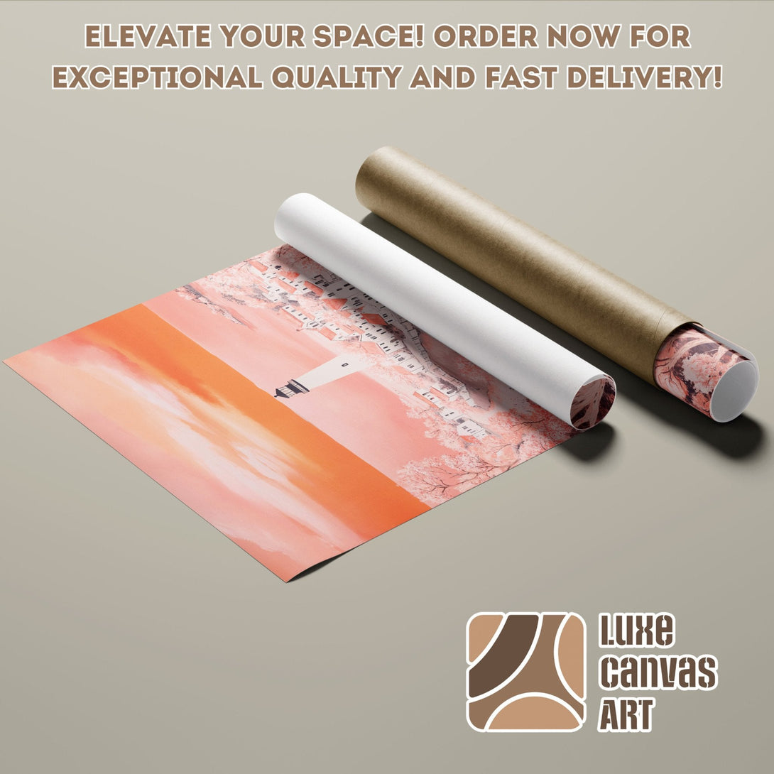 Poster Roll featuring a landscape painting in warm peach tones. Elevate your space with Luxe Canvas Art!
