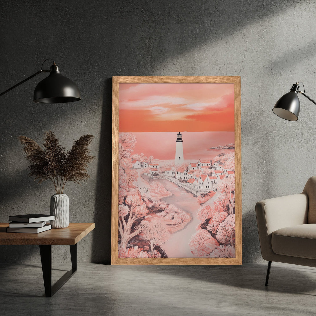 Framed Poster featuring a coastal landscape in a soft, warm color palette. Perfect art for your home!