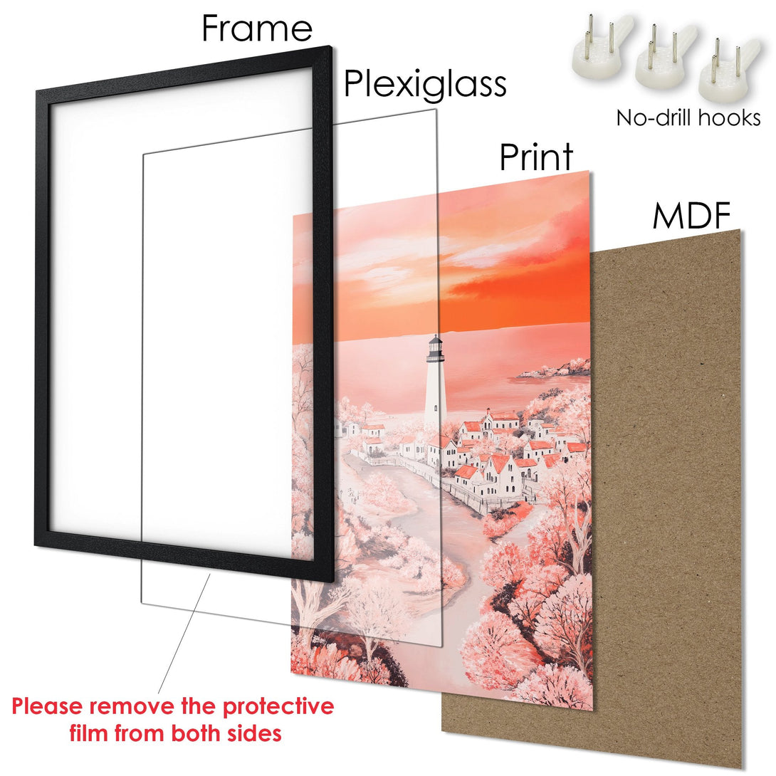 Framed Poster of a coastal village in a warm, coral color palette. Perfect for adding a touch of serenity to your space!