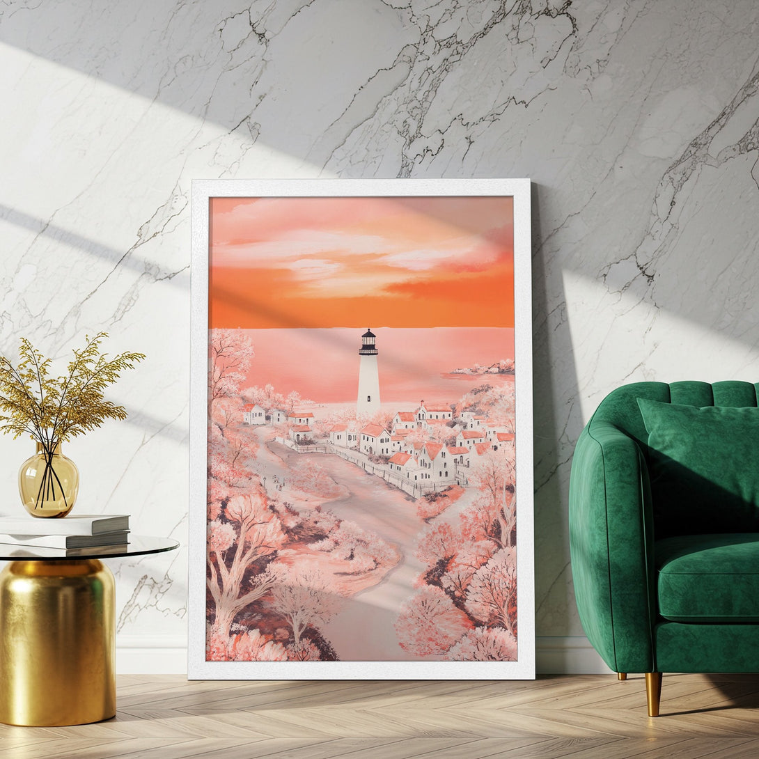 Framed Poster featuring a lighthouse landscape in a warm, peachy color palette. Add artful charm to your space with this beautiful print.