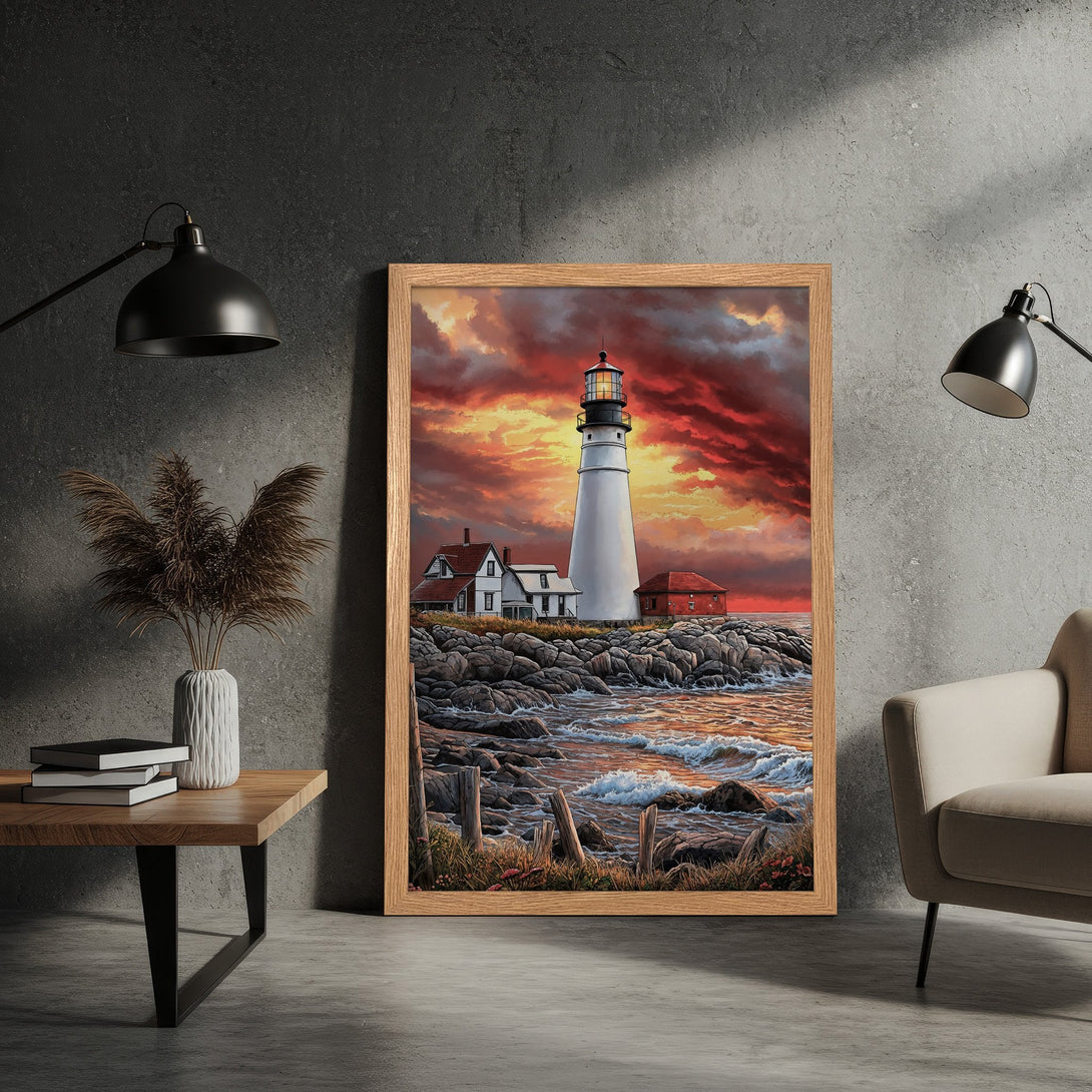 Framed Poster of a lighthouse at sunset. Coastal art in warm red, orange, and yellow tones. Perfect wall decor.