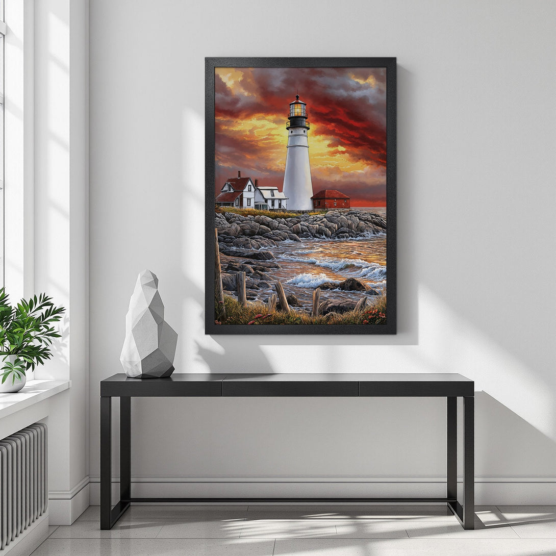 Framed Poster of a lighthouse at sunset. Painting style, warm red and orange color palette. Perfect wall art for your home.