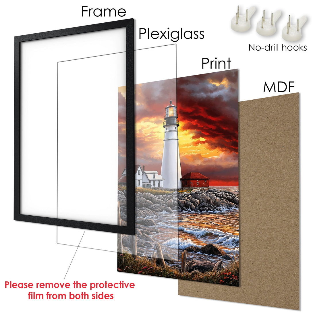 Framed Poster featuring a lighthouse at sunset. Dramatic style, warm orange and red color palette. Ready to hang art!