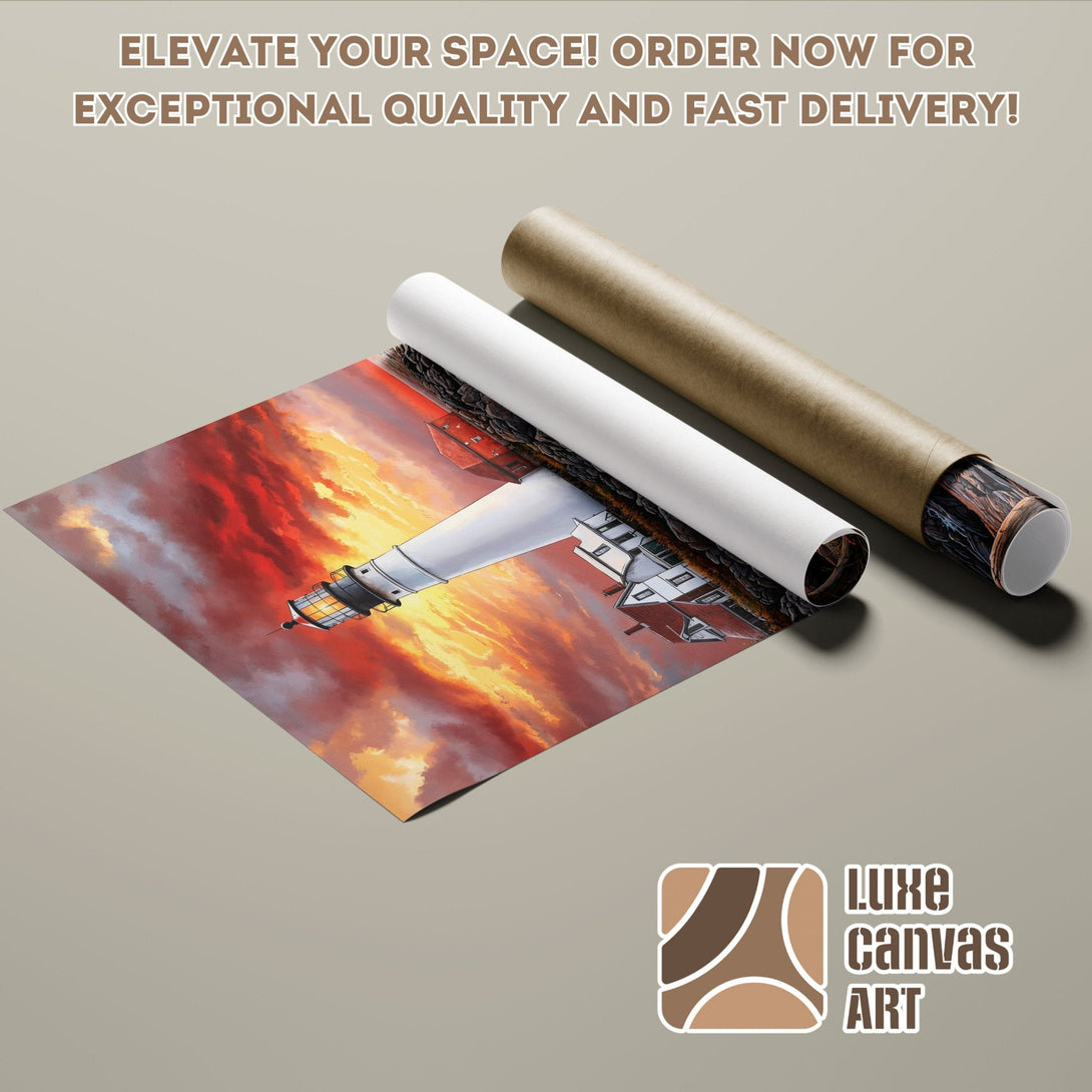 Poster Roll featuring a lighthouse against a vibrant sunset. Rich red and orange color palette.