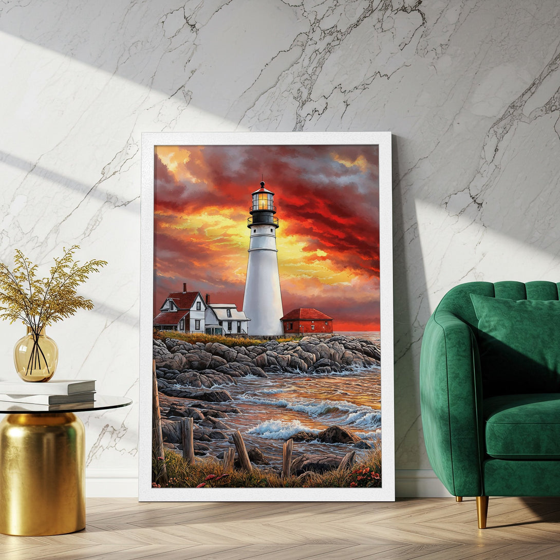 Framed Poster of a lighthouse at sunset. Artistic style with warm red, orange, and blue tones. Perfect wall art for your home!