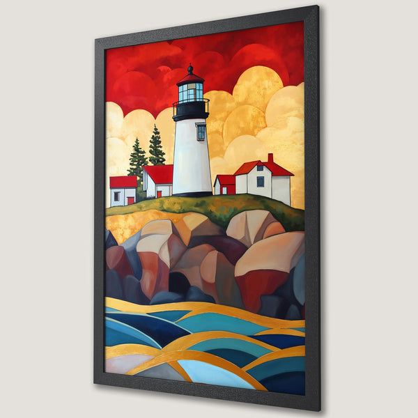 Framed Poster of a lighthouse art print with a vibrant red, gold, and blue color palette. Coastal artwork perfect for home decor.