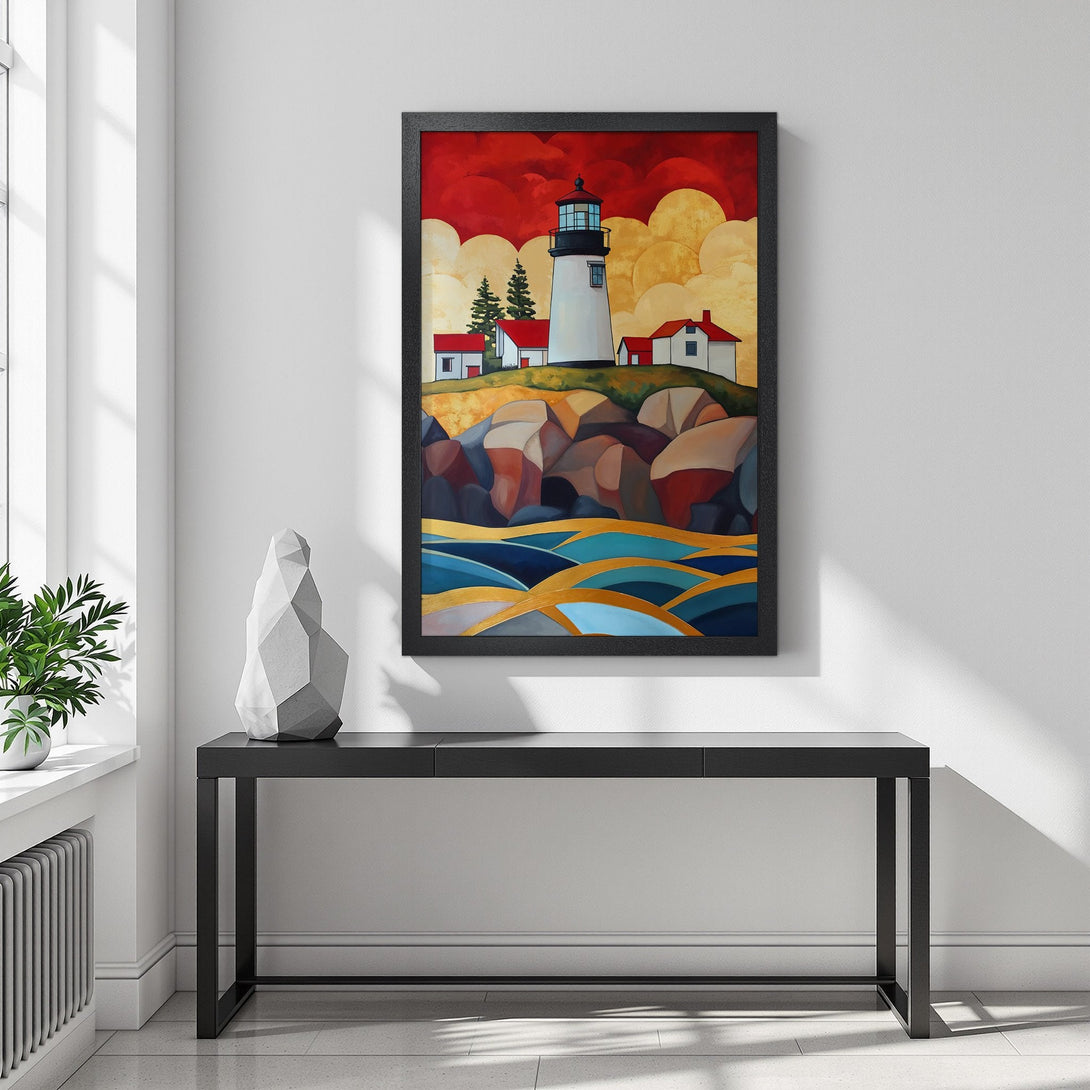 Framed Poster featuring a lighthouse painting in a vibrant red, yellow, and blue color palette. Perfect wall art!