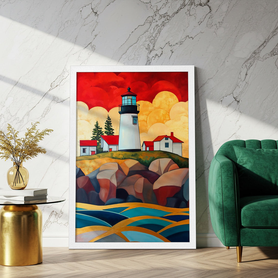 Framed Poster featuring a lighthouse landscape in vibrant red, yellow, and blue hues. Modern art style, perfect wall decor.