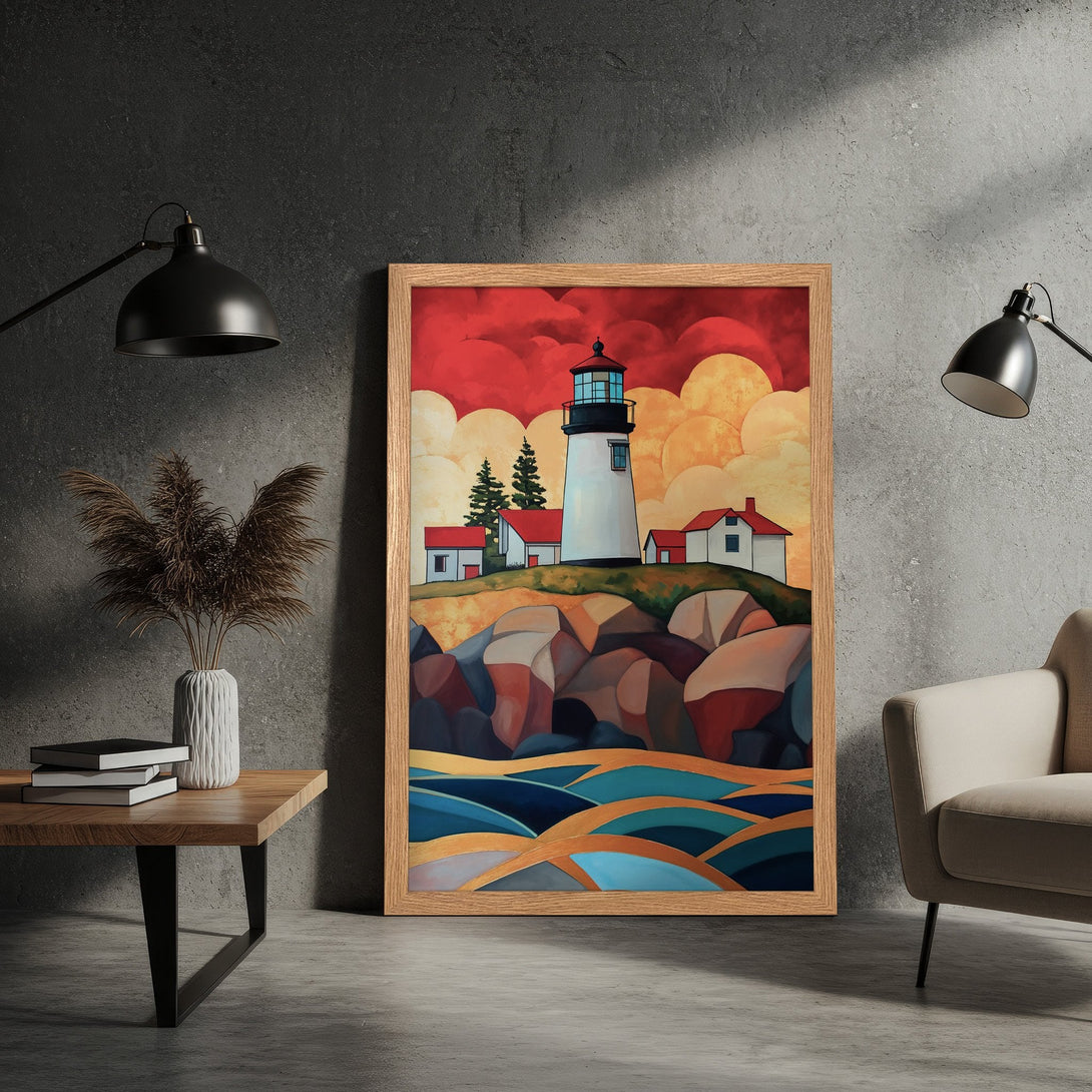 Framed Poster featuring a lighthouse landscape in a vibrant, stylized design with a warm red and blue color palette.