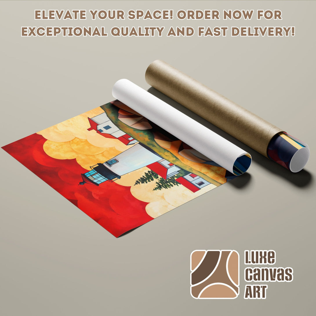Abstract art Poster Roll featuring a lighthouse in red, yellow, and white. Elevate your space!