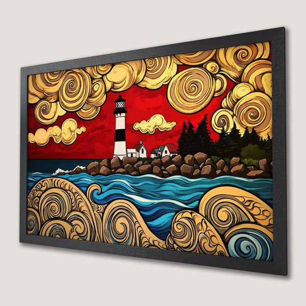 Framed Poster of a lighthouse scene in a bold, stylized design with a red, gold, and blue color palette.