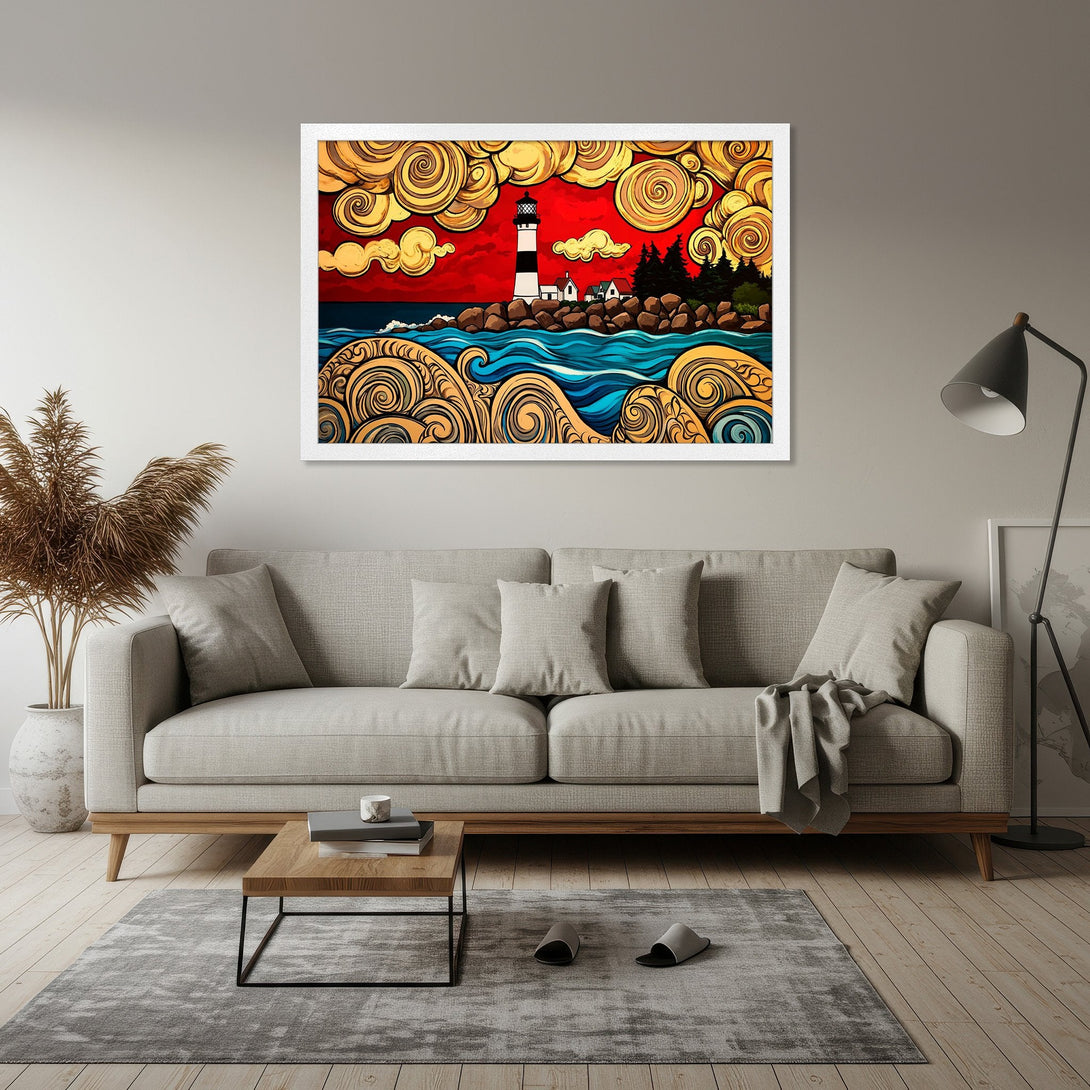 Framed Poster featuring a lighthouse, vibrant pop art style with red, yellow, and blue color palette. Perfect wall art!