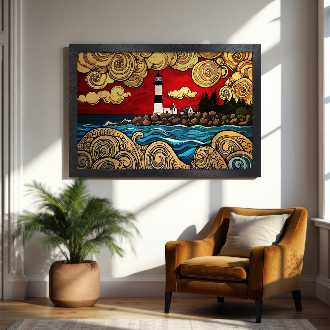 Framed Poster of a lighthouse landscape in a vibrant, stylized design with red, gold, and blue hues. Coastal art for your home!