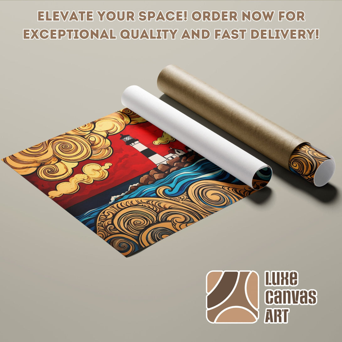 Lighthouse Poster Roll art print with red, gold, and blue color palette. Elevate your space!
